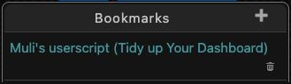 The Bookmarks box in the dashboard sidebar with a + button, one bookmark and a delete icon