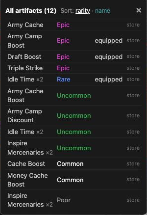 All artifacts (12), sorted by rarity: each name with its rarity, ×2 for copies, equipped on the ones in use, and a store link